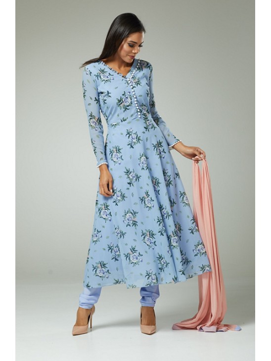 Serenity Blue Floral Contrast Tier Flow Suit