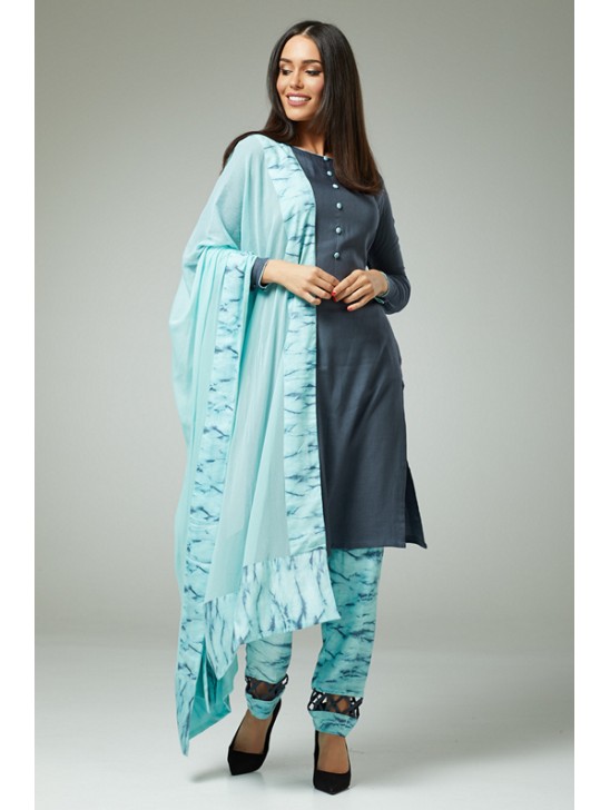 DARK GREY AND SKY BLUE FLORAL PRINTED SALWAR KAMEEZ