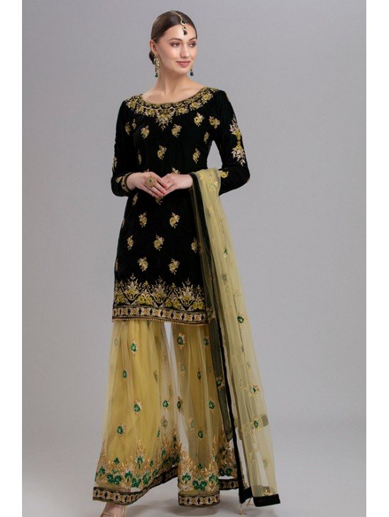 DARK GREEN AND BEIGE INDIAN WEDDING PALAZZO SHARARA DRESS