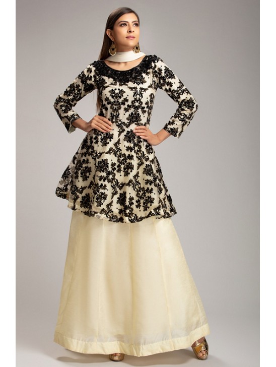 SWEETCORN CREAM EMBROIDERED TOP SKIRT LEHENGA DRESS