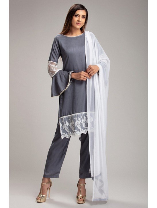 SMOKED GREY PAKISTANI DESIGNER PARTY WEAR SUIT