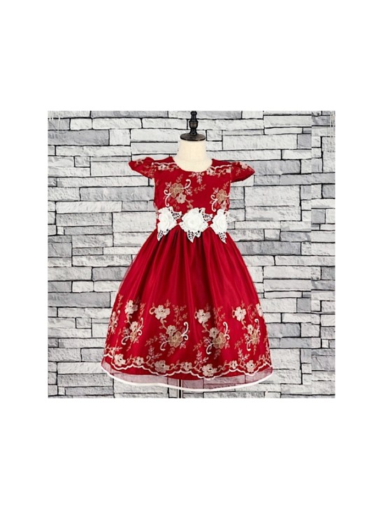 GIRLS RED FLORAL OVERLAY DRESS (3-13 YEARS)