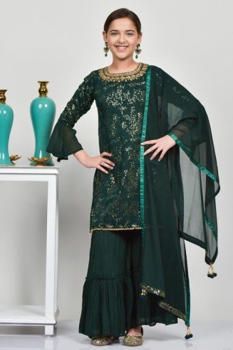 Dark Green Sequin Layered Style Gharara Dress For Girls 