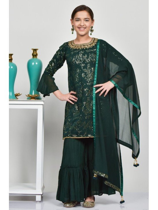 Dark Green Sequin Layered Style Gharara Dress For Girls