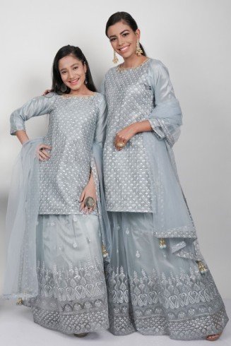 Grey Embroidered Wedding Kurti Lehenga For Girls
