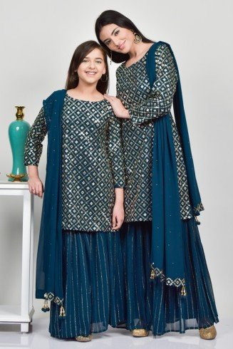 Peacock Blue Indian Wedding Gharara & Kurti For Girls