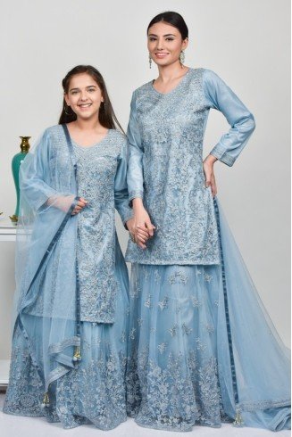 Dusty Blue Embroidered Designer Wedding Girls Lehenga