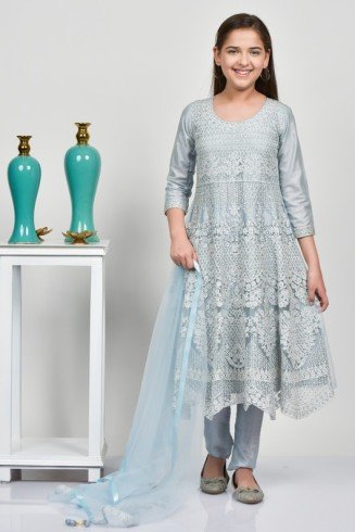 Light Blue Indian Designer Girl Embroidered Frock Style Dress