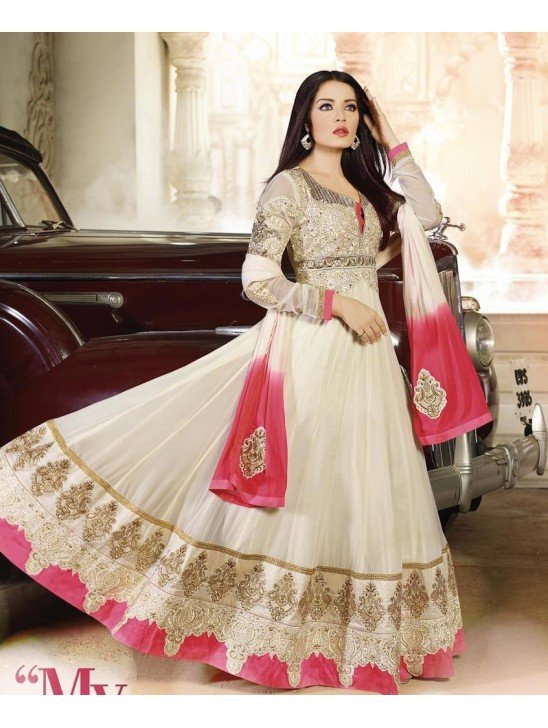 WHITE AND PINK  DESIGNER ANARKALI SUIT