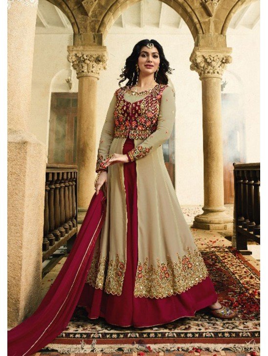 BEIGE AND RED INDIAN PARTY AND WEDDING ANARKALI GOWN