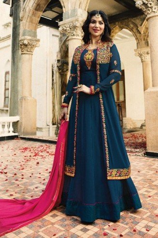 ZAL9045 TEAL INDIAN PARTY AND WEDDING ANARKALI GOWN