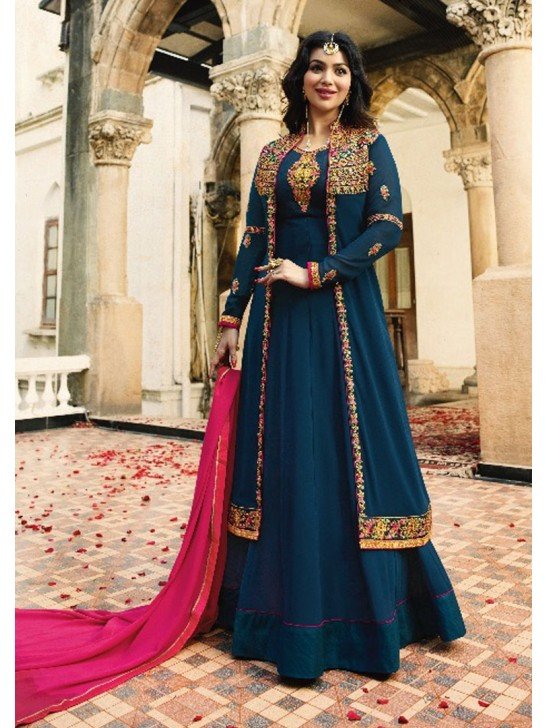 ZAL9045 TEAL INDIAN PARTY AND WEDDING ANARKALI GOWN