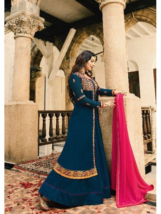 ZAL9045 TEAL INDIAN PARTY AND WEDDING ANARKALI GOWN