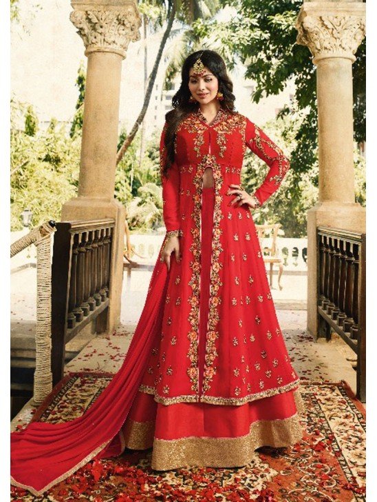 ZAL9046 RED INDIAN PARTY AND WEDDING ANARKALI GOWN