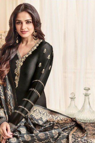Black Straight Indian Party Wear Churidar Suit