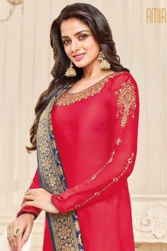 Red Straight Indian Party Wear Churidar Suit