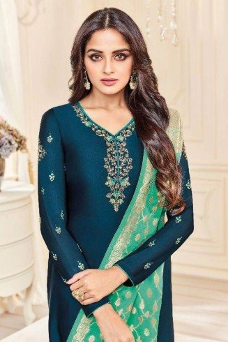 Teal Blue Straight Indian Party Wear Churidar Suit