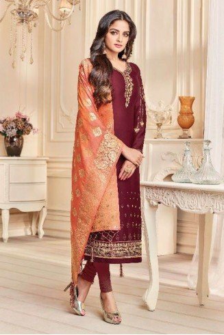 Maroon Straight Indian Party Wear Churidar Suit