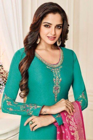 Turquoise Straight Indian Party Wear Churidar Suit 