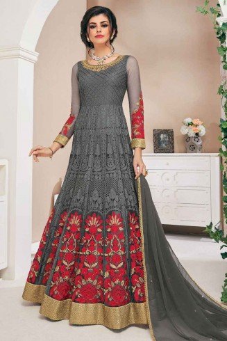 Grey Red Net Indian Designer Anarkali Gown