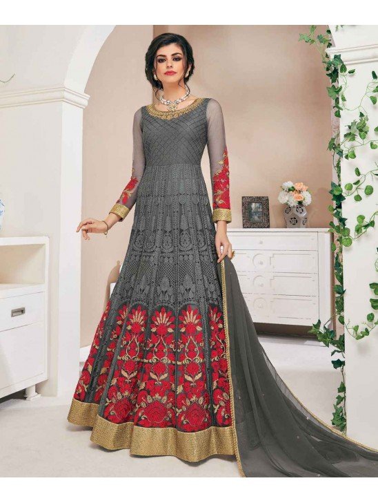 Grey Red Net Indian Designer Anarkali Gown