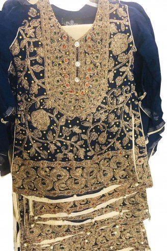 Navy Blue Girls Embroidered Chiffon Suit