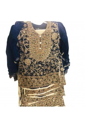 Navy Blue Girls Embroidered Chiffon Suit