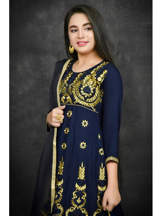 Navy Blue Frock Style Kurti Salwar Suit