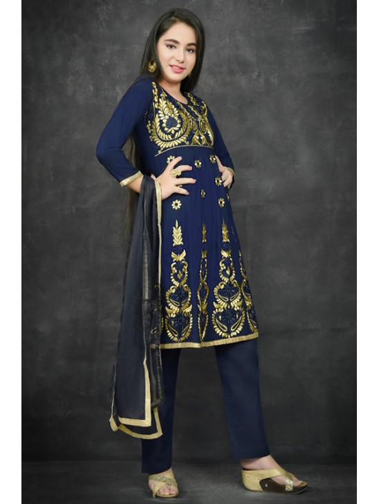 Navy Blue Frock Style Kurti Salwar Suit