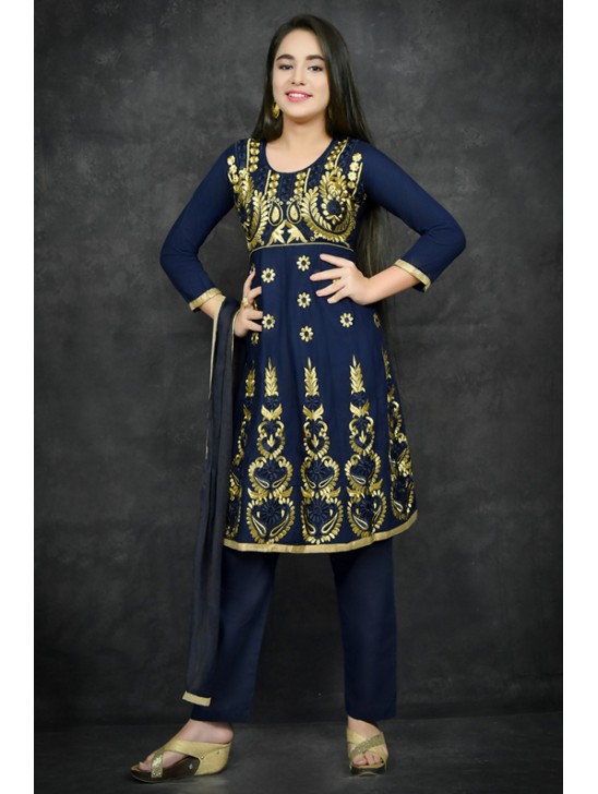 Navy Blue Frock Style Kurti Salwar Suit