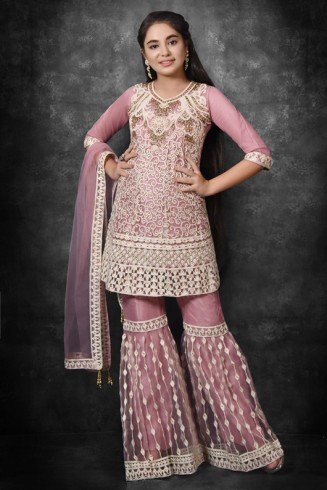 Rose Tan Pakistani Girls Frock Kurti & Gharara Suit Set