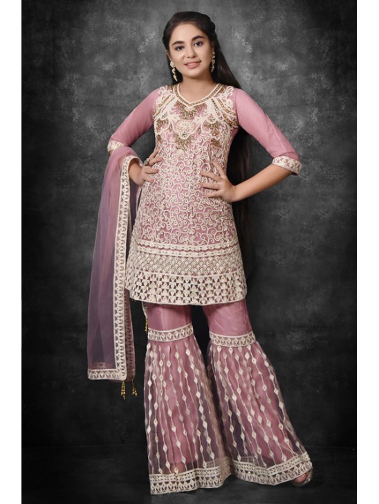 Rose Tan Pakistani Girls Frock Kurti & Gharara Suit Set