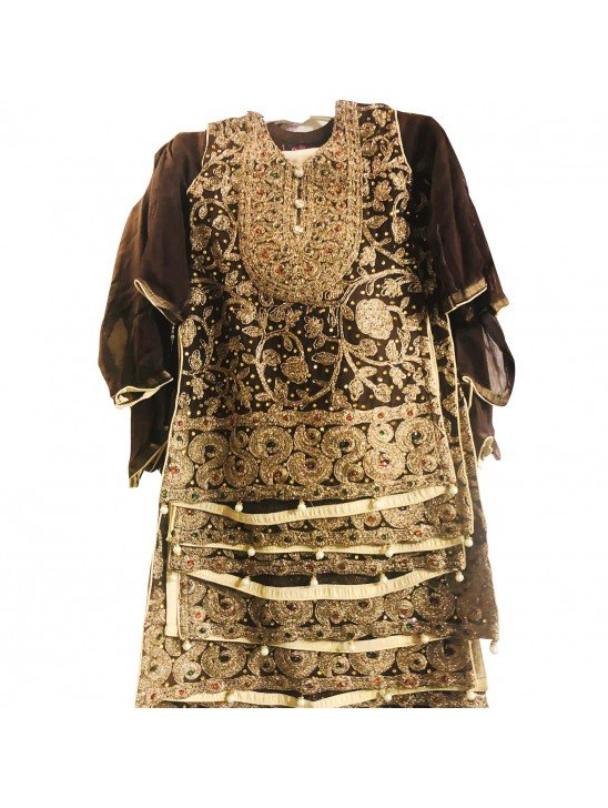 Brown Chiffon Embroidered Ethnic Girls Suit