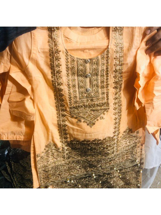 Orange Girls Embroidered Linen Suit