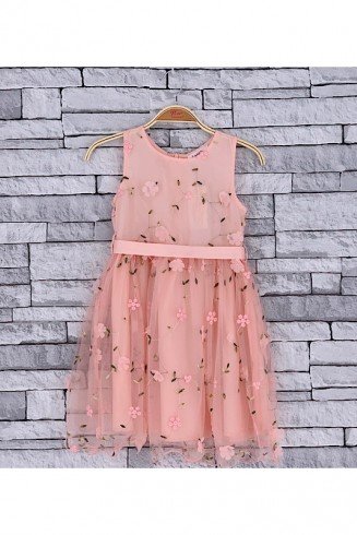 GIRLS CORAL PINK FLORAL MESH OVERLAY DRESS (4-14 YEARS)