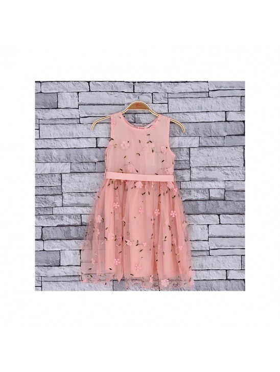 GIRLS CORAL PINK FLORAL MESH OVERLAY DRESS (4-14 YEARS)