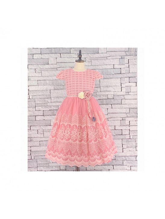 GIRLS B/PINK LACE PRINT TULLE DRESS (5-13 YEARS)