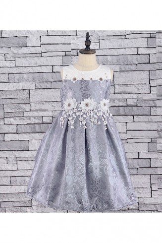 GIRLS GREY DAISY EMPIRE DRESS (3-13 YEARS)