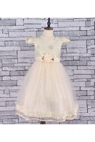 GIRLS IVORY EMBOSSED FLORAL EMPIRE DRESS (3-13 YEARS)