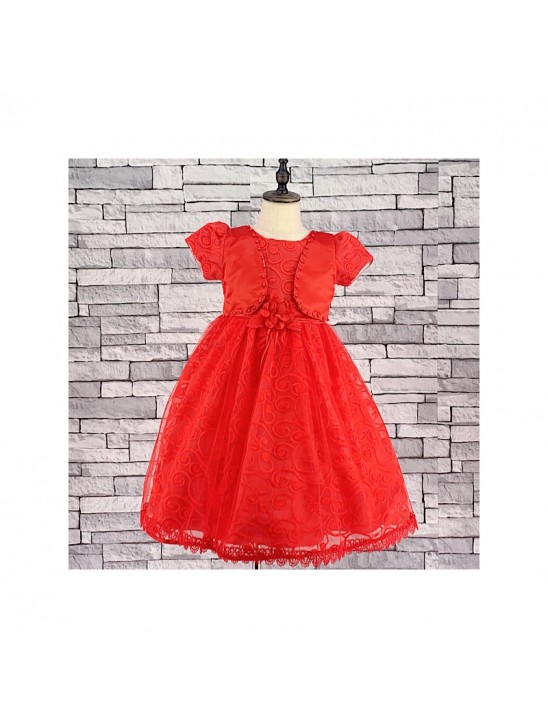 GIRLS RED BOLERO EMBOSSED TULLE DRESS (3-13 YEARS)