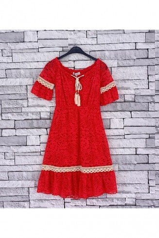 GIRLS RED GRECIAN LACE DRESS (4-14 YEARS)