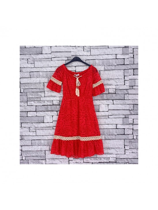 GIRLS RED GRECIAN LACE DRESS (4-14 YEARS)