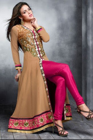 Brown and Magenta Georgette Embroidered Slit Style Anarkali Suit