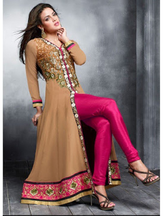 Brown and Magenta Georgette Embroidered Slit Style Anarkali Suit