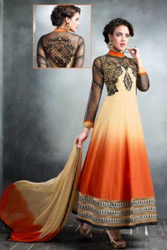 Beige and Orange Georgette Embroidered Slit Style Anarkali Suit