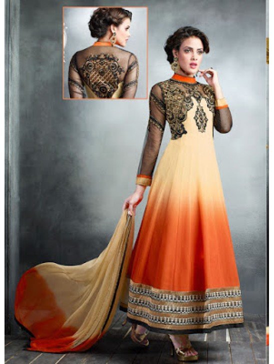 Beige and Orange Georgette Embroidered Slit Style Anarkali Suit