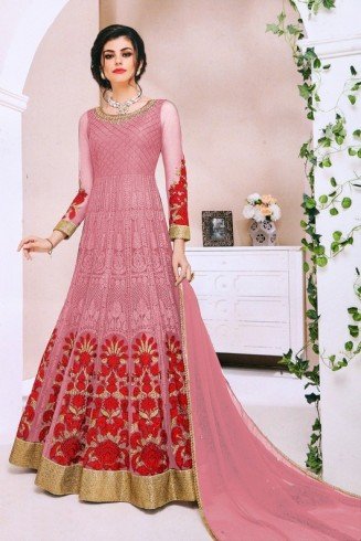 Pink Red Net Heavy Embroidered Floral Anarkali Gown