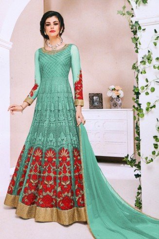 Turquoise Red Net Heavy Embroidered Floral Semi Stitched Anarkali Gown