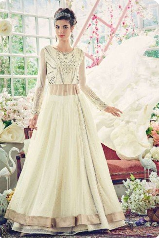 Bright White Stylish Bridal Indowestern Lehenga