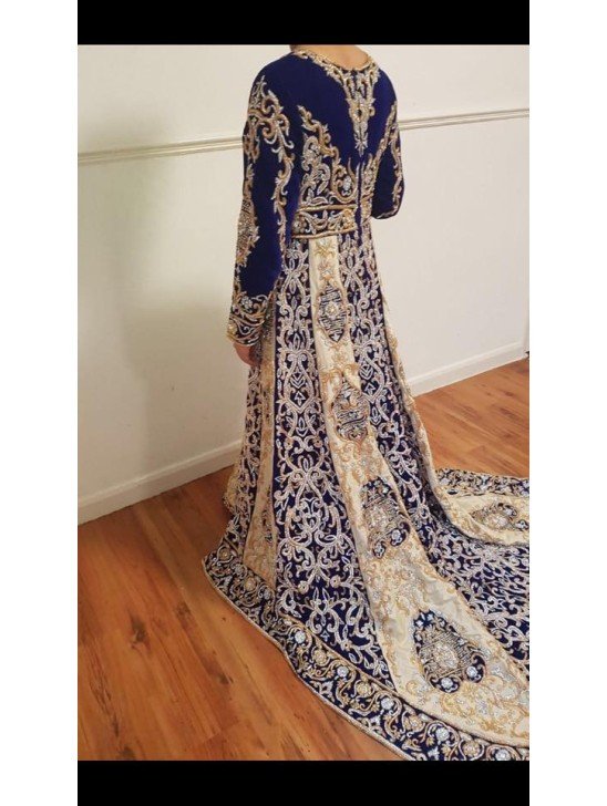 ROYAL BLUE AND GOLDEN HEAVY EMBROIDERED BRIDAL WEAR GOWN